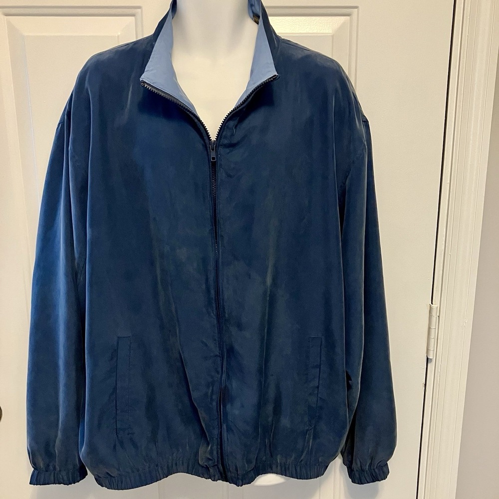 Bobby Chan Jacket Men's Sz XL Blue 100% Silk Full Zip Pockets Preppy Golf